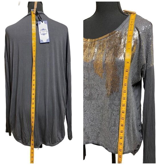 Lightweight Sequin Fancy Gray Gold Long Sleeve Shirt - Picture 5 of 10